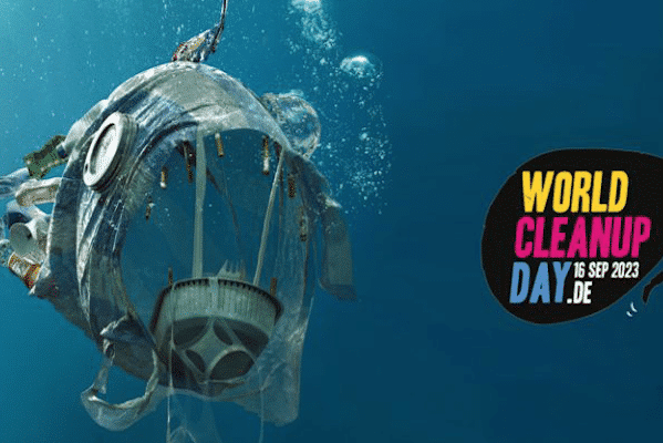 Plakat zum World Cleanup Day mit dem Spruch: Welt räumt auf