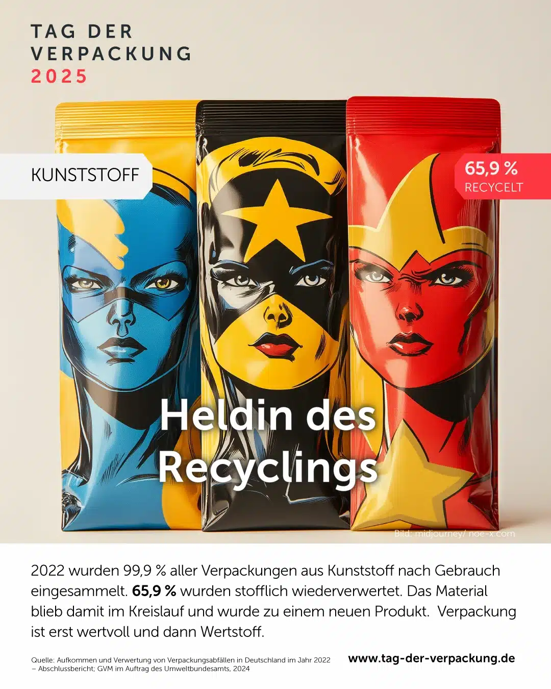 Motiv zum Tag der Verpackung 2025 mit dem Titel „Heldin des Recyclings“. Abgebildet sind drei bunte Kunststoffverpackungen im Stil von Comic-Superheldinnen, jede mit einem markanten, farblich abgestimmten Design. Rechts oben ein rotes Label mit der Aufschrift „65,9 % recycelt“. Links steht das Wort „KUNSTSTOFF“. Text im unteren Bereich: „2022 wurden 99,9 % aller Verpackungen aus Kunststoff nach Gebrauch eingesammelt. 65,9 % wurden stofflich wiederverwertet. Das Material blieb damit im Kreislauf und wurde zu einem neuen Produkt. Verpackung ist erst wertvoll und dann Wertstoff.“ Quelle: GVM im Auftrag des Umweltbundesamts, 2024.