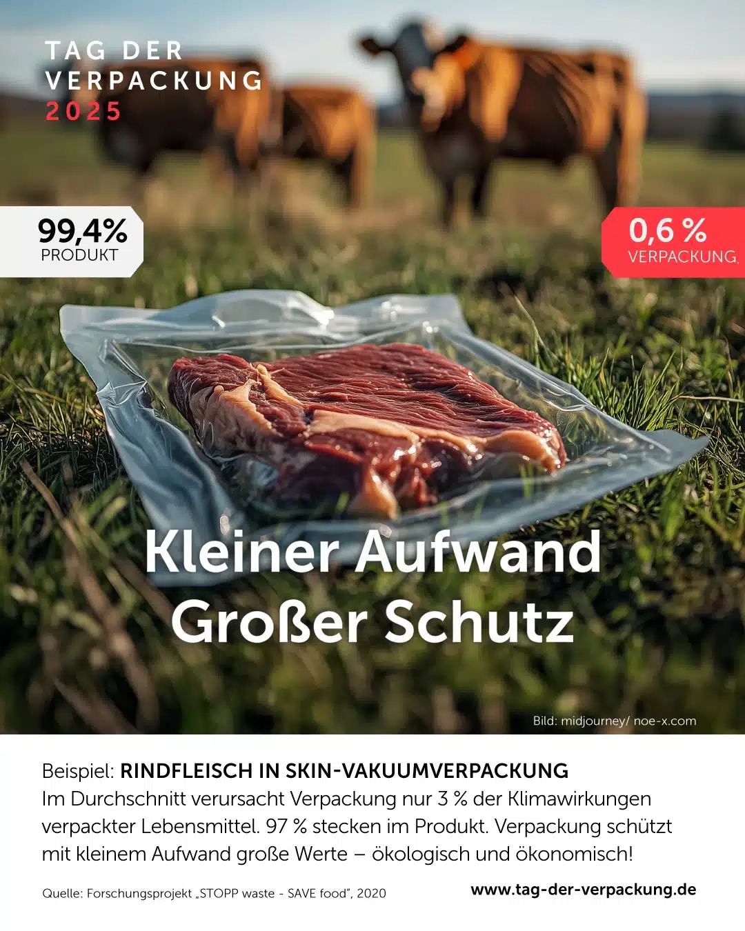 Motiv zum Tag der Verpackung 2025 mit dem Titel „Kleiner Aufwand – Großer Schutz“. Im Vordergrund liegt ein Stück rohes Rindfleisch in transparenter Skin-Vakuumverpackung auf einer Wiese. Im Hintergrund stehen unscharf zwei Kühe auf einer Weide. Links oben steht „99,4 % Produkt“ auf weißem Hintergrund, rechts oben „0,6 % Verpackung“ auf rotem Grund. Im unteren Teil steht: Beispiel: RINDFLEISCH IN SKIN-VAKUUMVERPACKUNG „Im Durchschnitt verursacht Verpackung nur 3 % der Klimawirkungen verpackter Lebensmittel. 97 % stecken im Produkt. Verpackung schützt mit kleinem Aufwand große Werte – ökologisch und ökonomisch!“ Quelle: Forschungsprojekt „STOPP waste – SAVE food“, 2020.