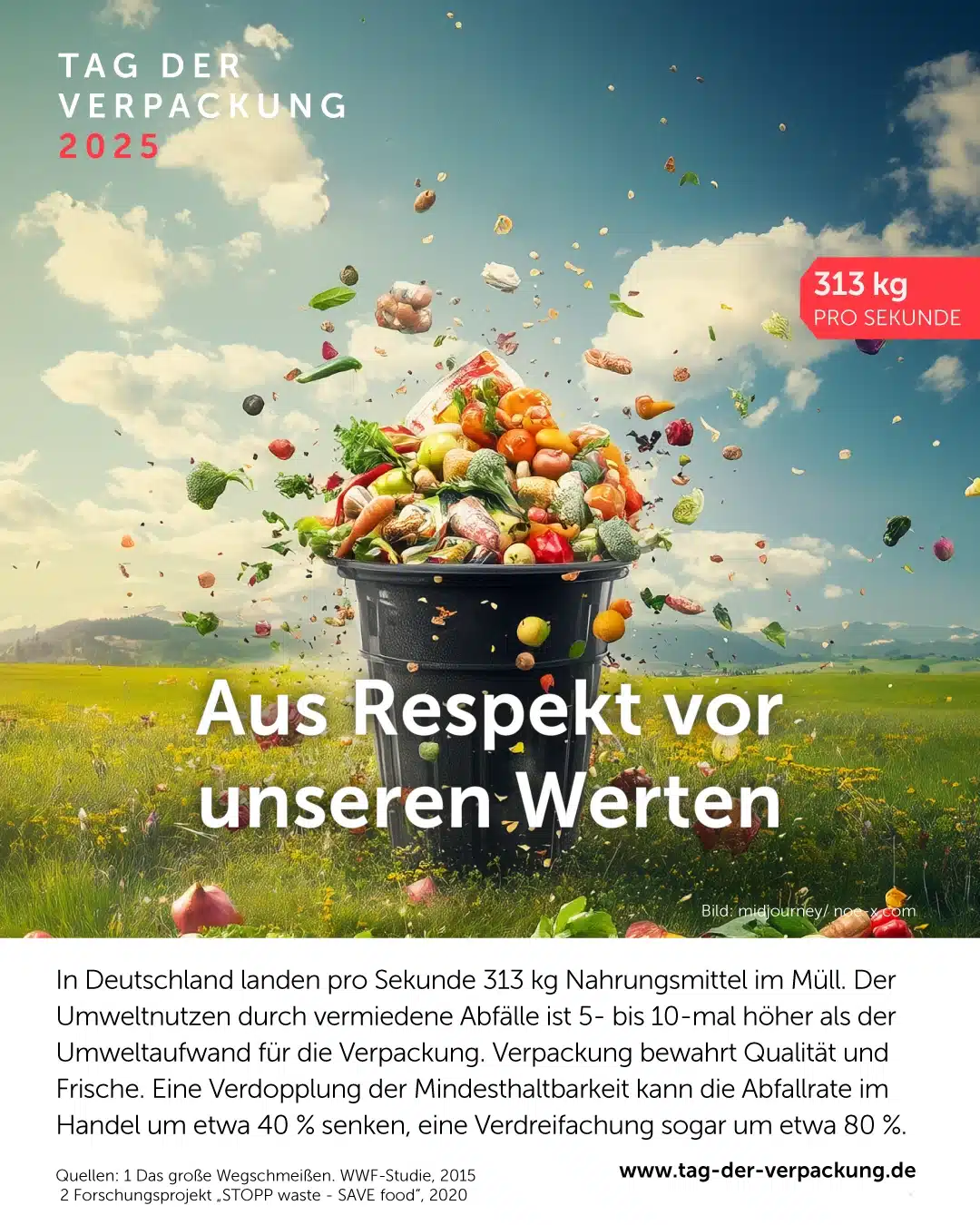 Visualisierung zum Tag der Verpackung 2025 mit dem Titel „Aus Respekt vor unseren Werten“. Im Mittelpunkt steht ein übervoller schwarzer Müllbehälter mit frischen Lebensmitteln wie Gemüse, Obst, Fleisch und Käse. Viele Lebensmittel fliegen dramatisch in alle Richtungen durch die Luft, als Symbol für Lebensmittelverschwendung. Der Himmel ist blau mit vereinzelten Wolken, im Hintergrund eine grüne Landschaft. Rechts oben steht in einem roten Kasten: „313 kg pro Sekunde“. Text am unteren Bildrand: „In Deutschland landen pro Sekunde 313 kg Nahrungsmittel im Müll. Der Umweltnutzen durch vermiedene Abfälle ist 5- bis 10-mal höher als der Umweltaufwand für die Verpackung. Verpackung bewahrt Qualität und Frische. Eine Verdopplung der Mindesthaltbarkeit kann die Abfallrate im Handel um etwa 40 % senken, eine Verdreifachung sogar um etwa 80 %.“ Quellen: WWF-Studie „Das große Wegschmeißen“, 2015 Forschungsprojekt „STOPP waste – SAVE food“, 2020 Webadresse: www.tag-der-verpackung.de