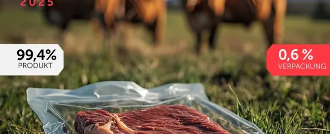 Motiv Tag Der Verpackung (dvi) - abgebildet ist ein abgepacktes Stück Rindfleisch und im Hintergrund verschwommen eine Rinderweide. Am Rand stehen die Informationen: 99,4 % Produkt und 0,6 % Verpackung