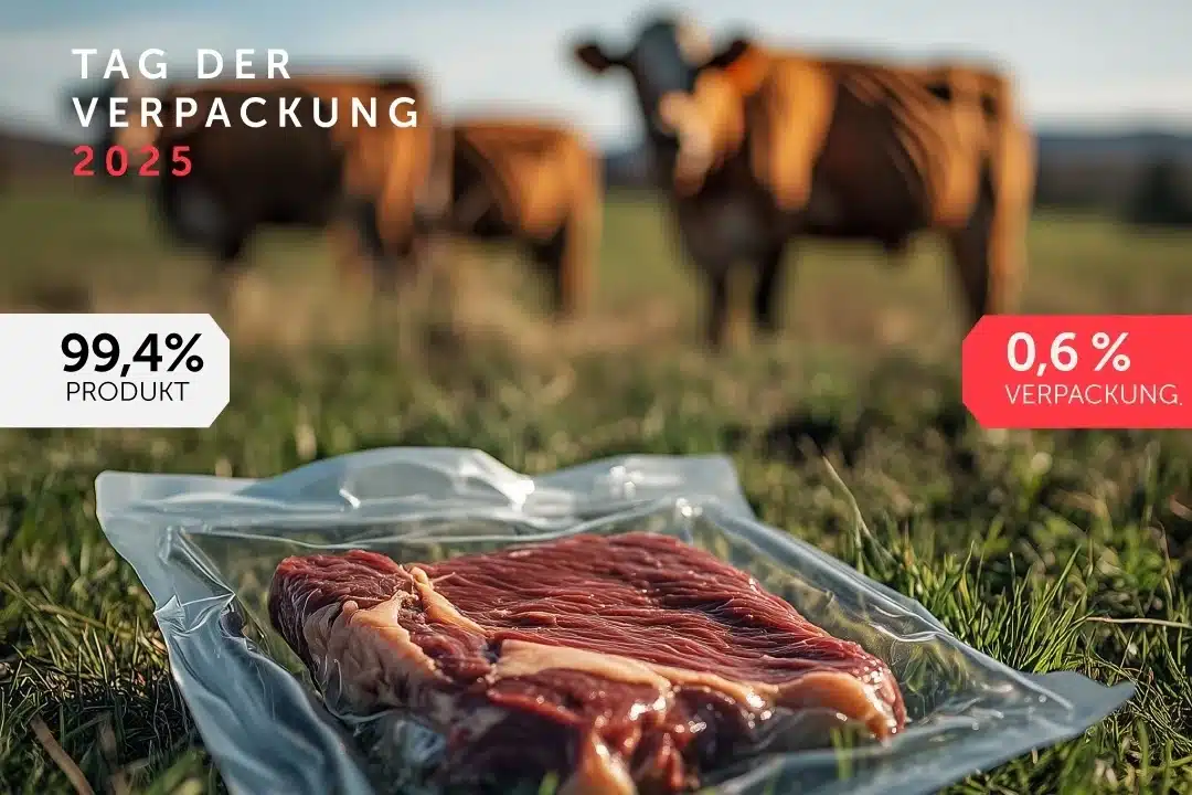Motiv Tag Der Verpackung (dvi) - abgebildet ist ein abgepacktes Stück Rindfleisch und im Hintergrund verschwommen eine Rinderweide. Am Rand stehen die Informationen: 99,4 % Produkt und 0,6 % Verpackung