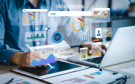 Digitale Datenanalyse im Handel – Geschäftsperson nutzt Tablet und Laptop zur Auswertung von interaktiven Diagrammen, Charts und KPIs für Business Intelligence und datengetriebene Entscheidungen.
