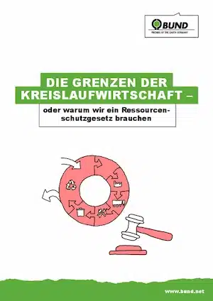Titelbild der BUND-Publikation ‚Die Grenzen der Kreislaufwirtschaft – oder warum wir ein Ressourcenschutzgesetz brauchen‘ mit Symbolgrafik eines beschädigten Recycling-Kreislaufs.